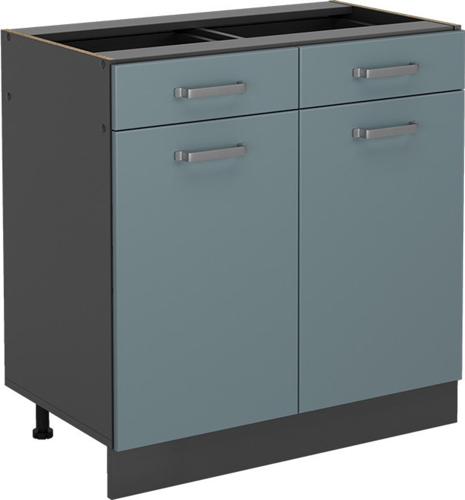 A kitchen base cabinet with two doors and two drawers, shown from the front.