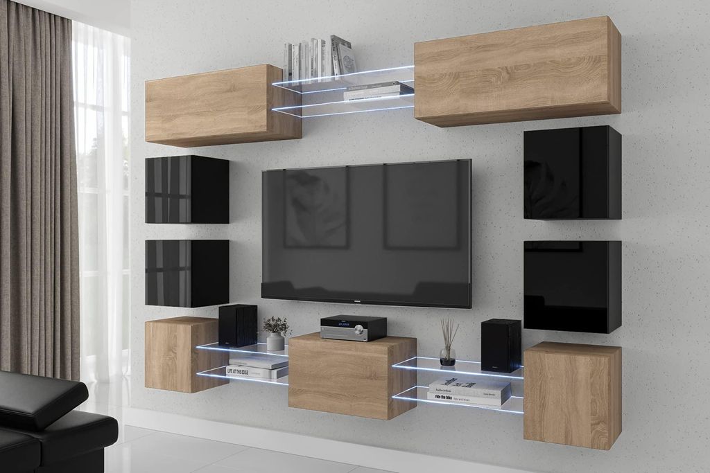 Furnitech Wohnwand Wohnzimmer | Wohnzimmer Möbel mit LED RGB - 16 Farben | Hängend Wohnwand Modern | Wohnzimmer Schrankwand mit Regale und TV Sch...