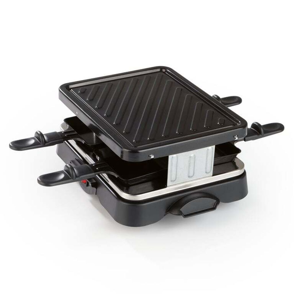 A black electric raclette grill with a ribbed top surface and two sliding trays underneath, shown on a white background.
