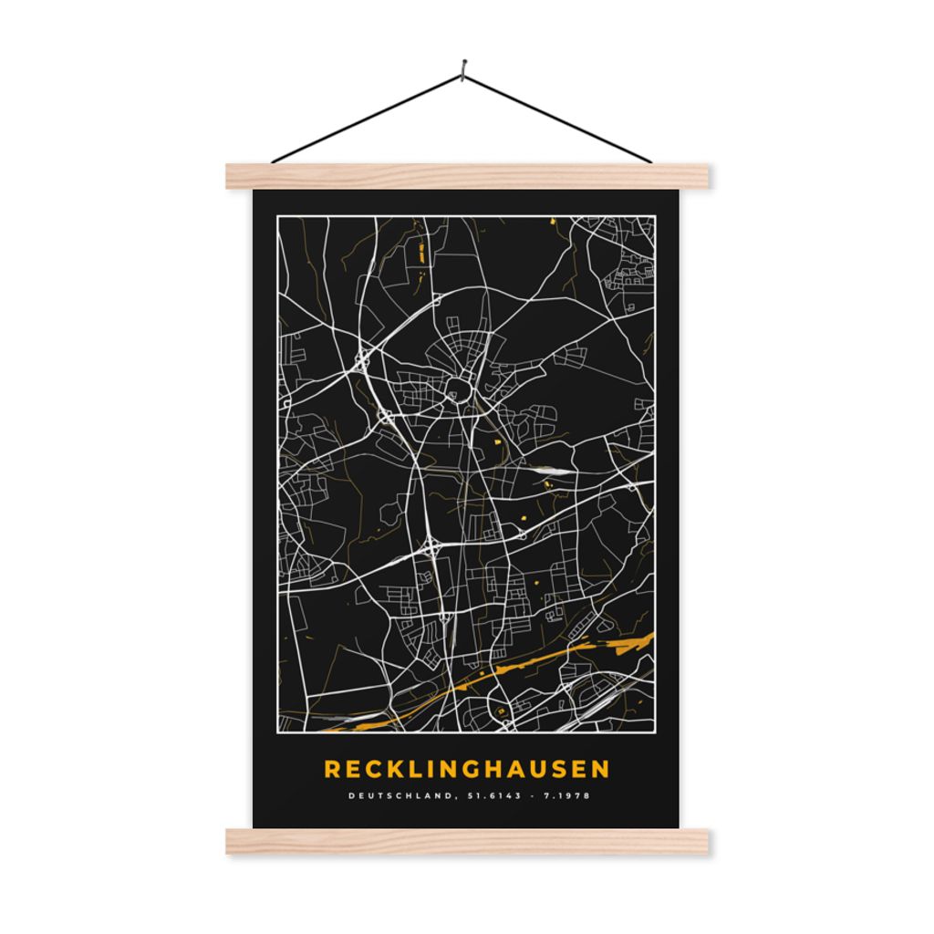 MuchoWow Textilposter Gold - Deutschland - Karte - Stadtplan - Recklinghausen 120x180 cm mit holzfarbenen Rahmen - Textil-Plakat