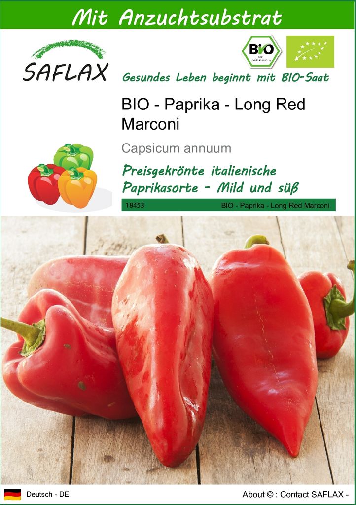 SAFLAX - BIO - Paprika - Long Red Marconi - 20 Samen - Mit keimfreiem Anzuchtsubstrat - Capsicum annuum