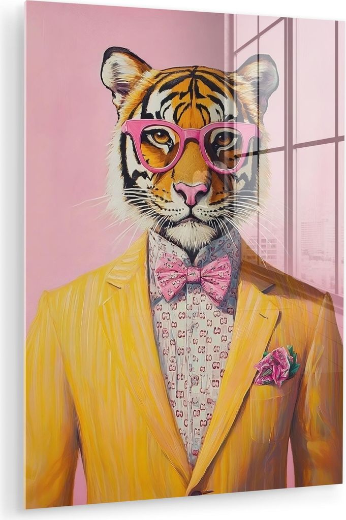 MuchoWow Glasbilder - Bilder auf Wandbild - Foto auf Glas Tiger - Brille - Gelb - Jacke 30x40 cm Wanddekoration aus Glas - Acrylglasbild - Acrylbil...