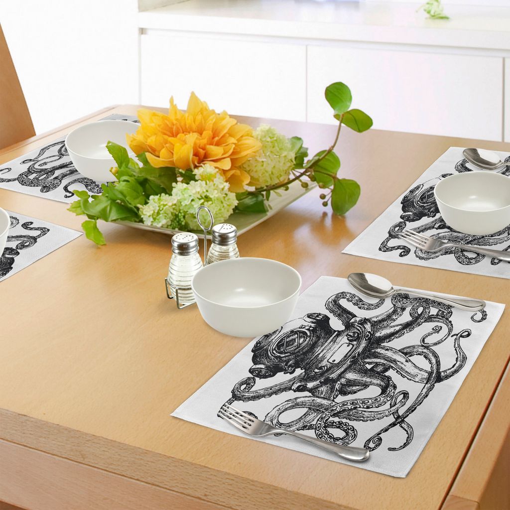 ABAKUHAUS Tintenfisch Platzmatten, Weinlese-Art-Taucher-Kraken-Marinetal-Tentakel-Unterwasseratemgerät-Konzept, Tiscjdeco aus Farbfesten Stoff fü...