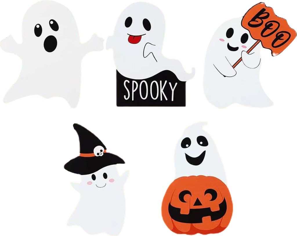 5 Stück Halloween-Geister-Dekorationen, süße weiße Geisterfiguren aus Holz, Tischdekoration, abgestuftes Tablett-Schild, Halloween-Party-Zubehör