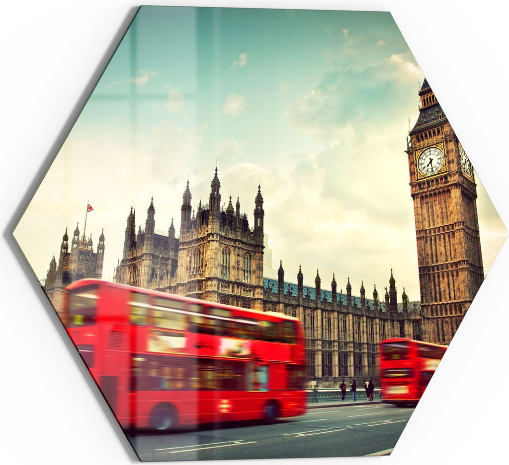 DEQORI Glasbild Echtglas 55x48 cm 'Rasende Busse vor Big Ben' Wandbild Bild modern Deko