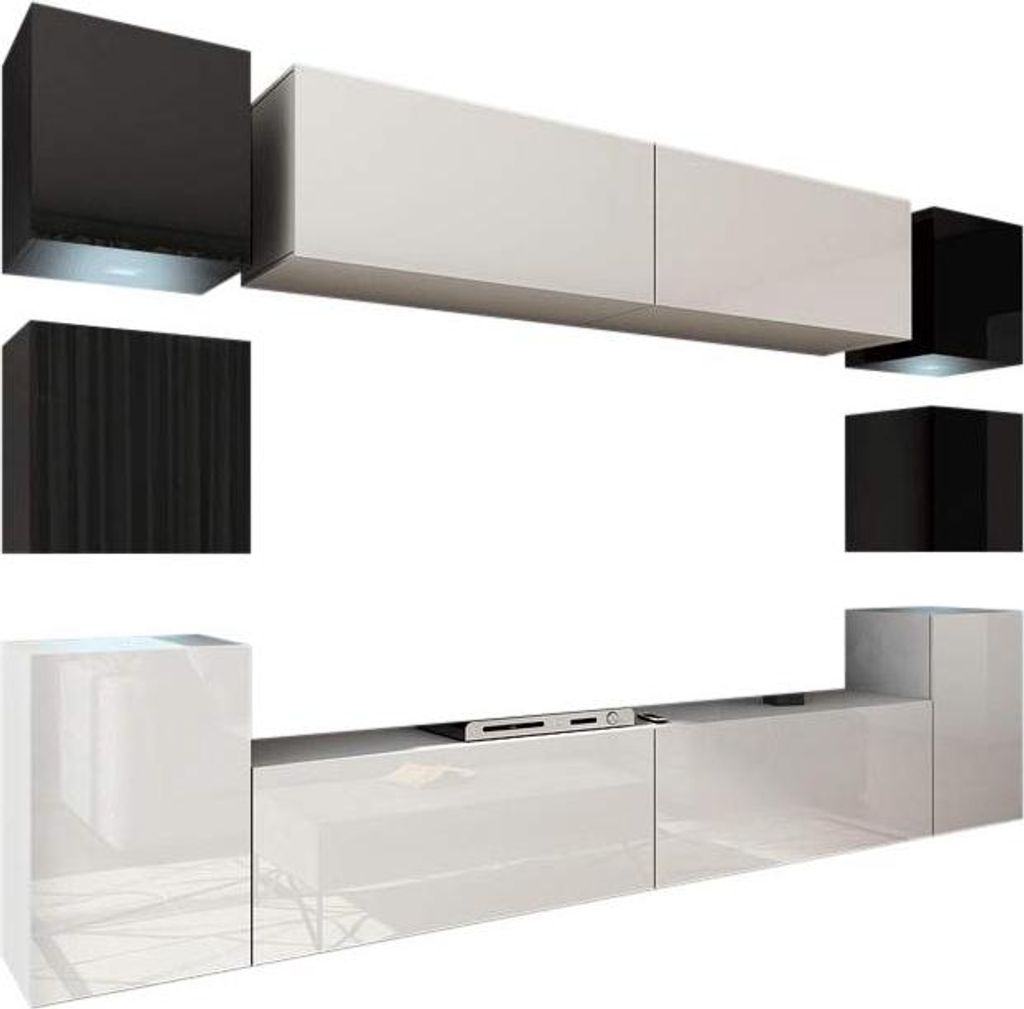 Furnitech Wohnwand Wohnzimmer - Wohnzimmer Möbel mit LED RGB - 16 Farben - Hängend Wohnwand Modern - Regale und TV Schrank (Future 14/HG/BW/5 1B ...