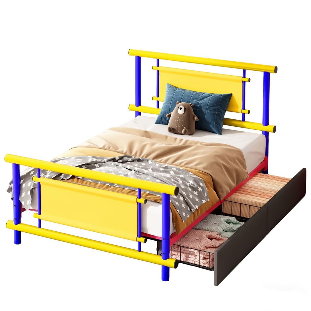 Metallbettgestell für Kinder 90*200 mit Schubladen, Metall-Plattformbett in leuchtenden Farben, robuste Stahlkonstruktion, Platzsparendes Einzelbett