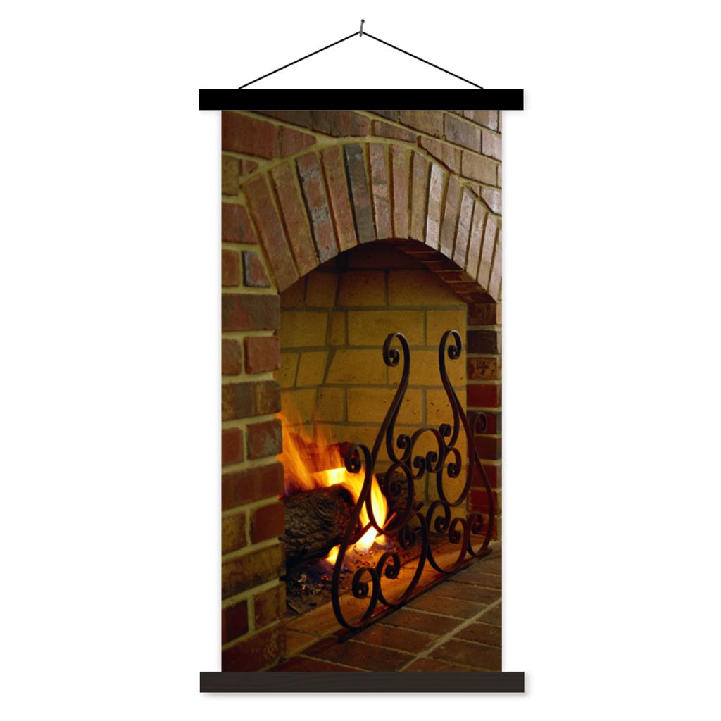 MuchoWow Textilposter Feuer im Kamin 90x180 cm mit schwarzem Rahmen - Dekoration Wohnzimmer