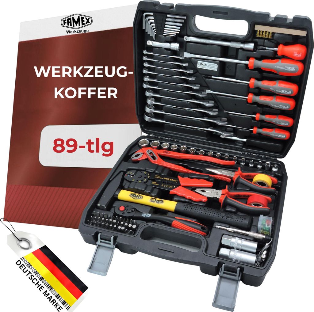 FAMEX 144-50 Kompakter Werkzeugkoffer bestückt mit Werkzeug Set, alle Schraubwerkzeuge Chrom-Vanadium, Werkzeugkasten gefüllt