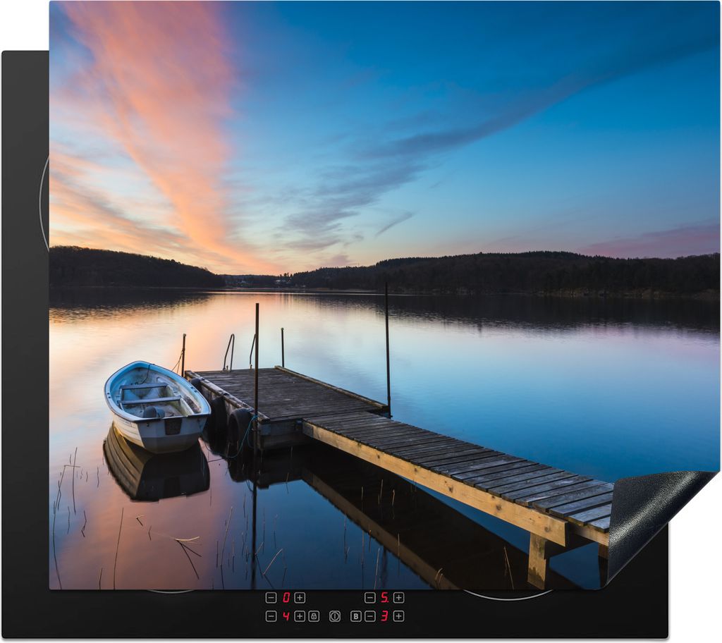 KitchenYeah Herdabdeckplatte Ruderboot an einer Anlegestelle , 59x52cm, Küche Deko, Glaskeramikfeld Herdabdeckung, Abdeckplatte fùr Kochfeld