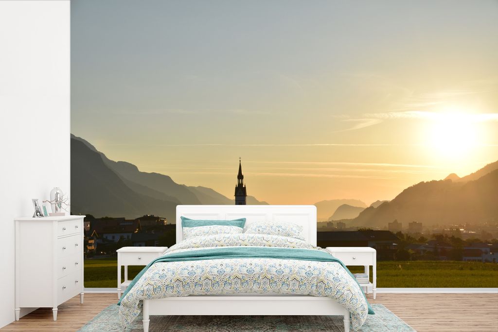 MuchoWow Fototapete für Wohnzimmer oder Schlafzimmer Wandtapete Vinyl Motivtapete Österreich - Sonne - Turm - 330x220 cm - Fototapeten