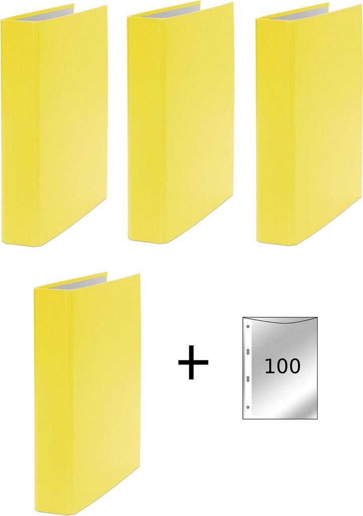 4x Ringbuch / DIN A5 / 2-Ring Ordner / Farbe: gelb + 100 Prospekthüllen