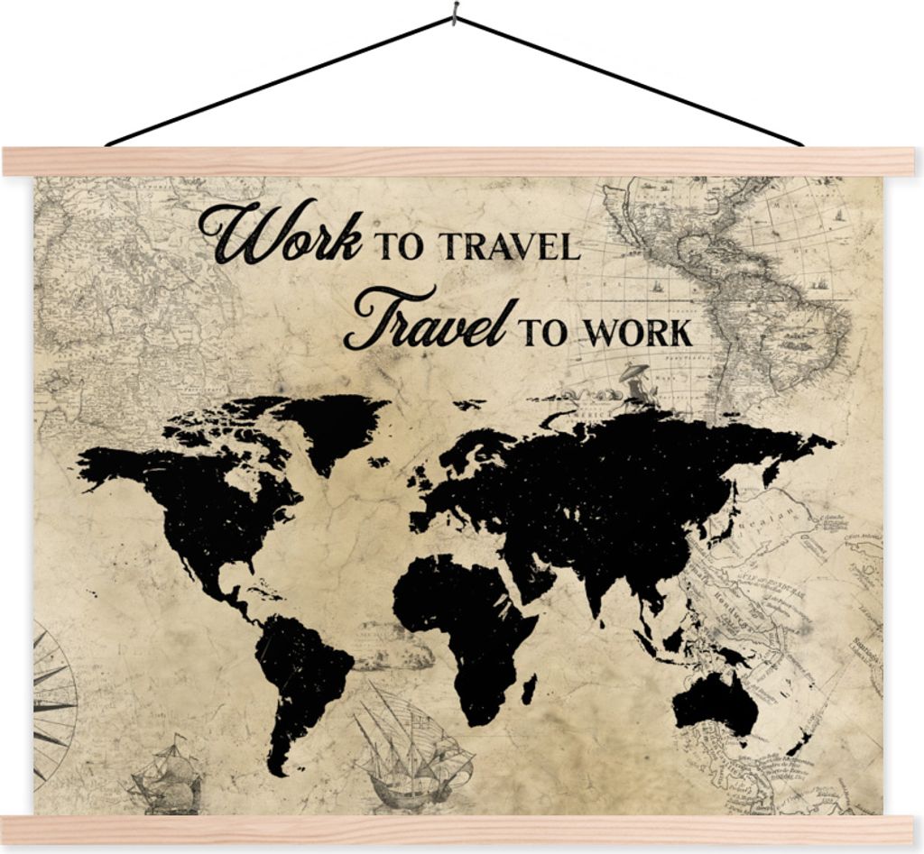 MuchoWow Textilposter Weltkarte - Retro - Boot - Zitat 150x113 cm mit holzfarbenen Rahmen - Poster