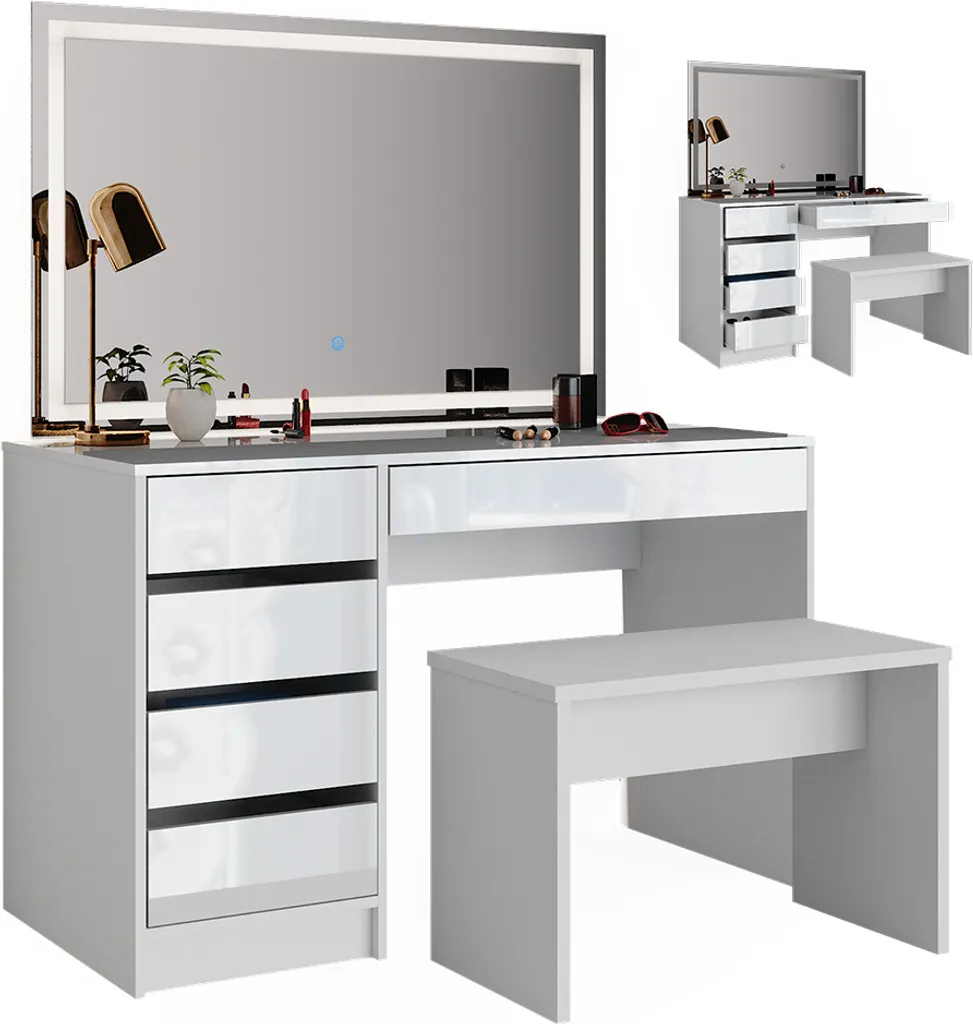 Grande Coiffeuse 120cm Blanche Vicco Sherry avec Éclairage LED Chic - 7