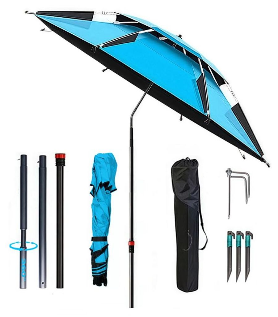 Sonnenschirm Ø 160 cm mit Bodenhülse, 360° drehbar, faltbar, mit Windschutz und Tragetasche, UV-50-Sonnenschutz mit Erdspieß, für Balkon, Gart...