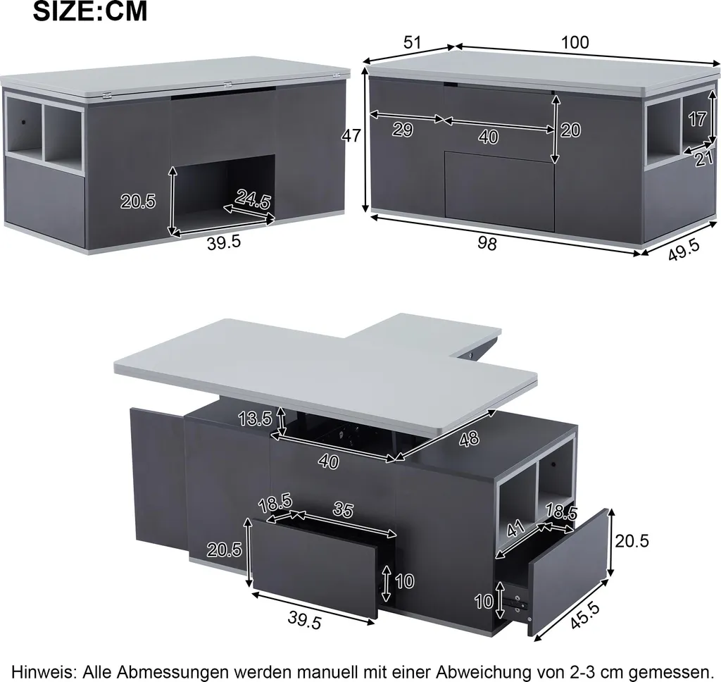 Table basse relevable bicolore grise avec rangement moderne pour salon - 5