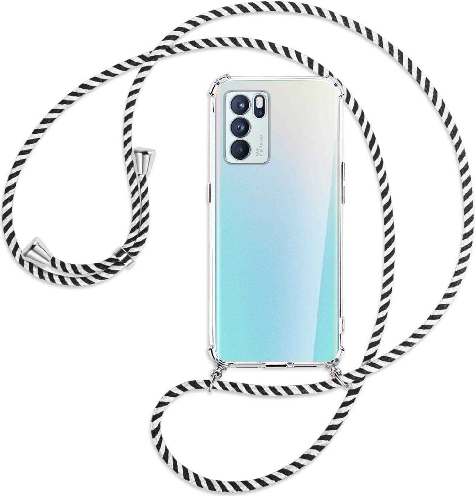Handykette Backcover-Schutzhülle mit Band (Metall silberfarben) für Oppo Reno6 Pro Plus 5G (PENM00) - schwarz/weiß gestreift
