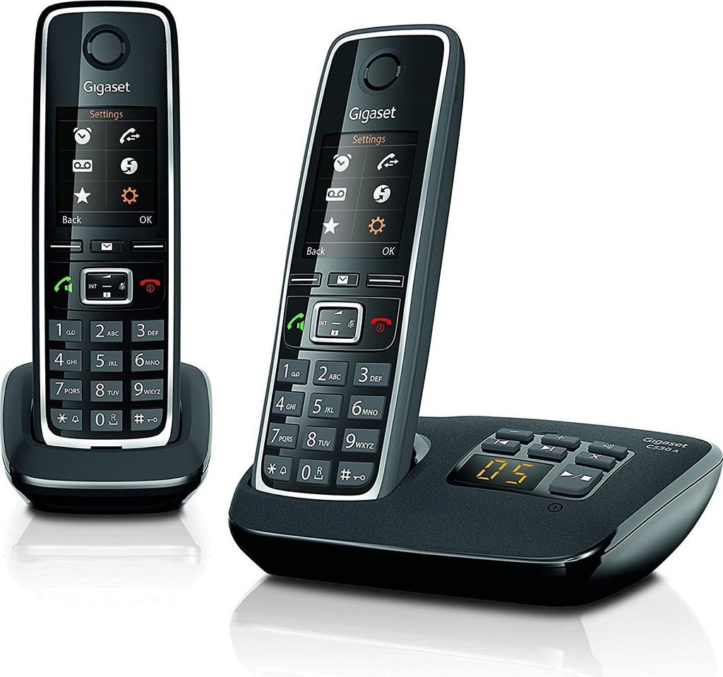A black Gigaset C530A Duo DECT cordless phone and its base station are displayed against a white background.