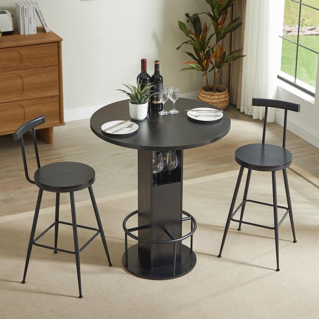 Bartisch-Set Schwarz 80 cm Rundtisch mit 2 Hockern, Holzplatte & Metall-Fußstütze, 3-teilig für Esszimmer, Café & Wohnzimmer