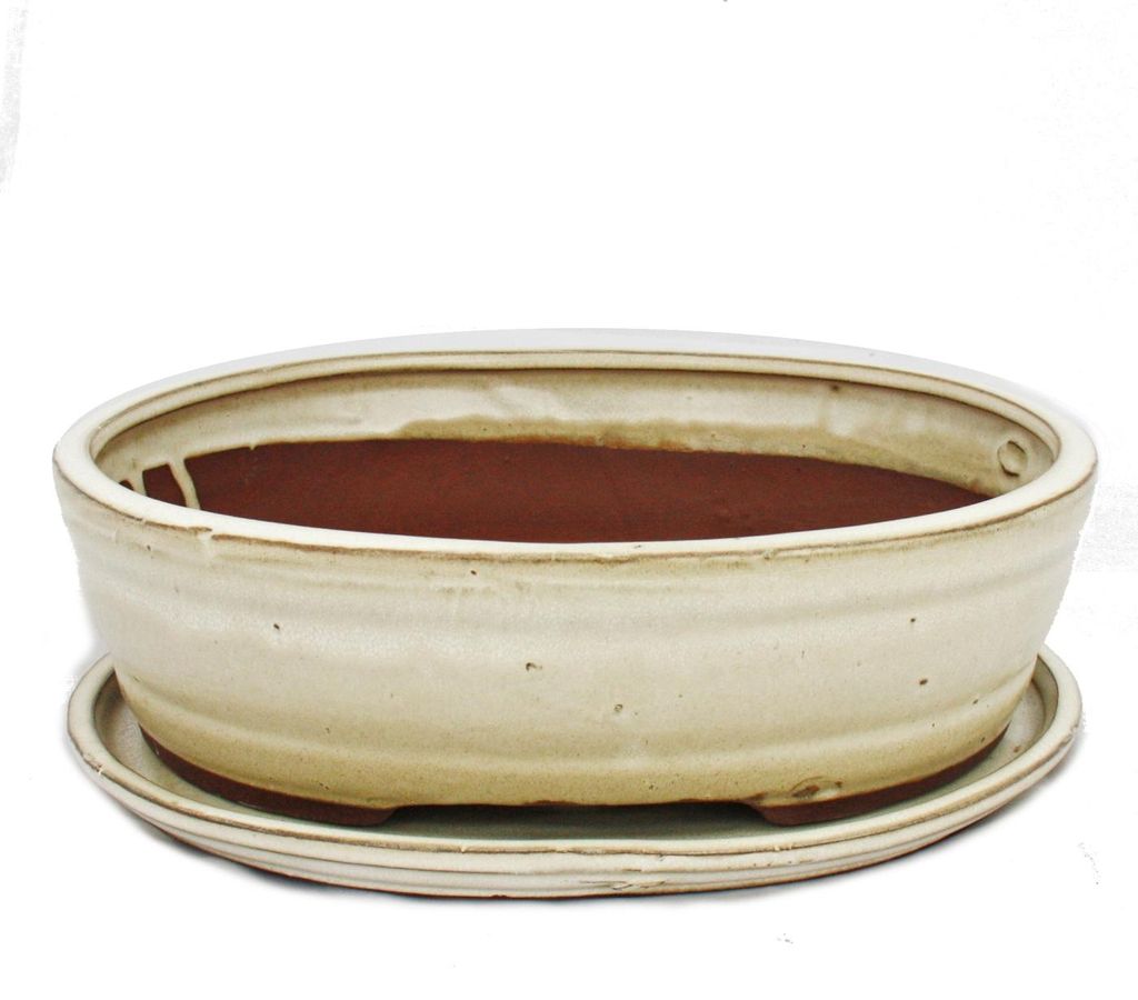 Bonsai-Schale mit Unterteller Gr. 4 - hellbeige - oval - Modell O7 - L 26cm - B 21cm - H 7,5cm
