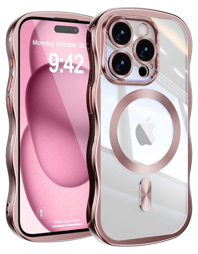 Magnetisch Hülle für iPhone 14 Pro Max, Wellen Überzug Bumper Transparent Stoßfeste Handyhülle mit Kameraschutz Pink