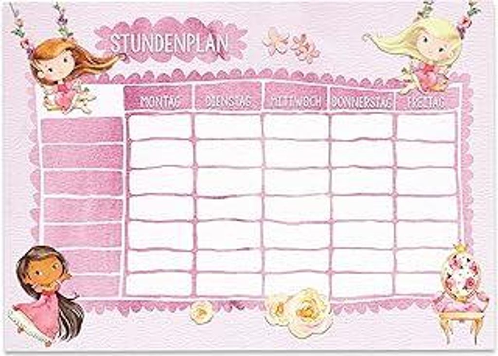 Papierdrachen Stundenplan DIN A4 Block - Motiv Prinzessin - beschreibbar Schule oder Uni - Terminkalender und Wochenplan für Kinder