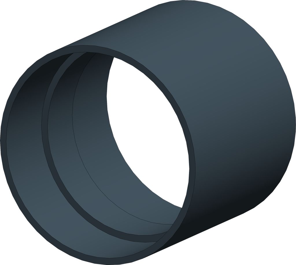 A 3D rendering of a dark gray cylindrical pipe connector.