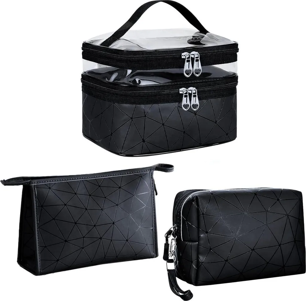 Organizer Cosmetici 3 Pezzi Impermeabile Nero Trasparente Doppio Strato