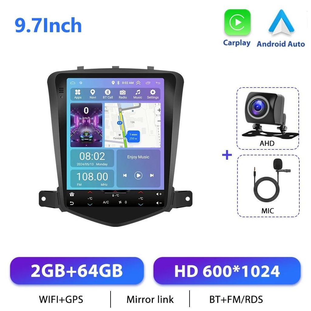 Android Autoradio für Chevrolet Cruze J300 2009–2014 - 2-DIN - 24,6 cm Touchscreen - Android 13 - 2 GB RAM + 64 GB ROM - CarPlay - Rückfahrkamera
