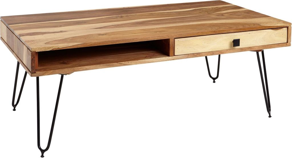 WOHNLING Massivholz Akazie Couchtisch 110 cm Schublade Produktbild 