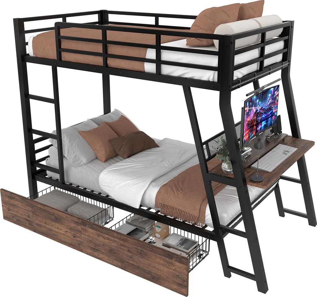Etagenbett mit LED-Beleuchtung und Schreibtisch, 90x200 cm, Kinderbett mit Rausfallschutz, Metallbett