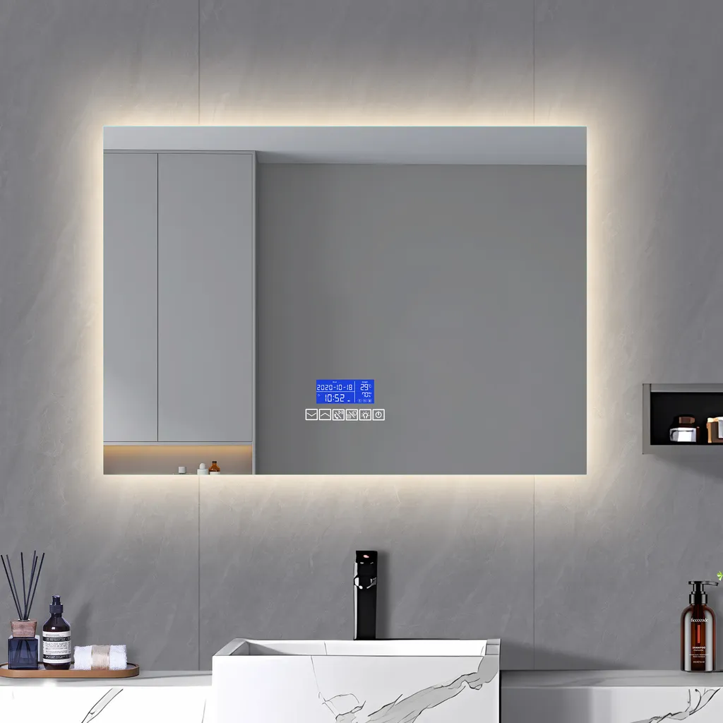 Miroir salle de bain connecté 100x80 cm : Musique et LED modulables