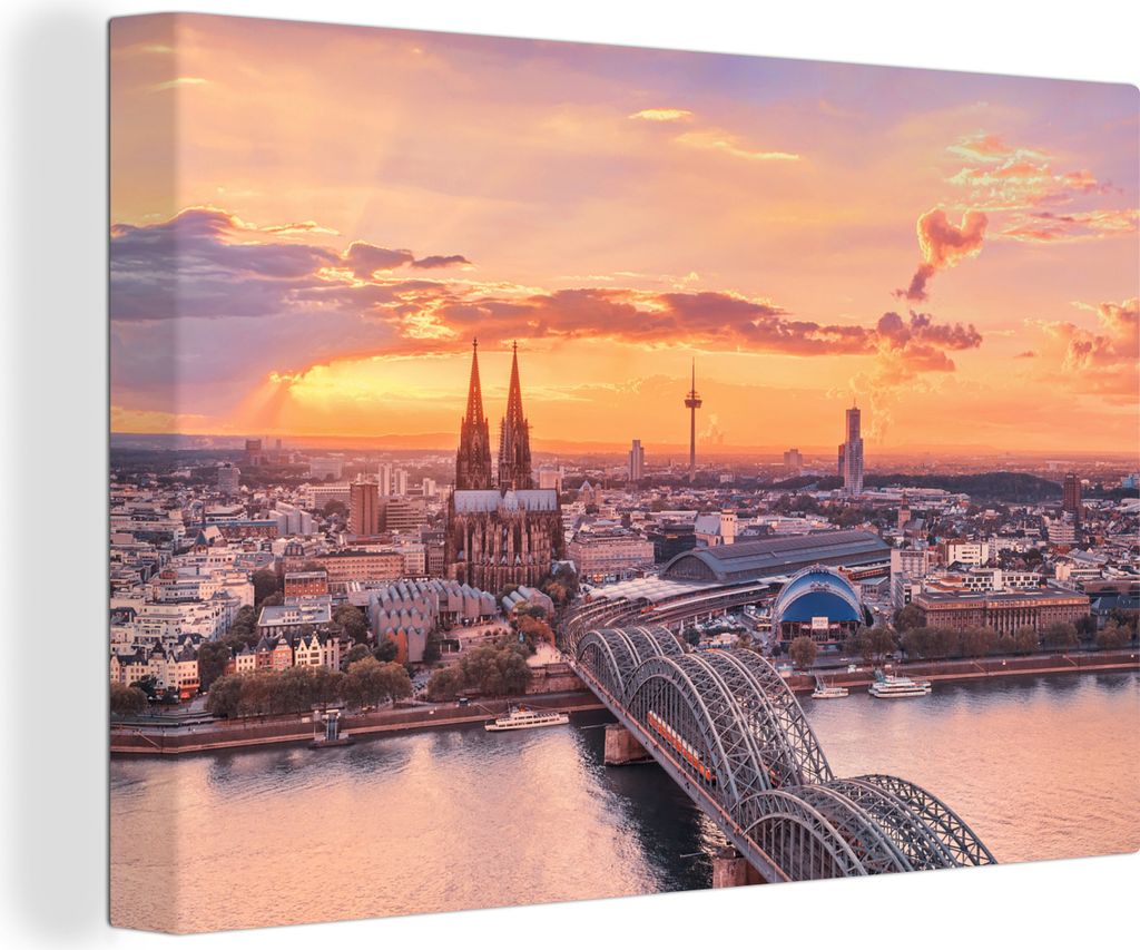 MuchoWow - Leinwandbilder - Sonnenuntergang - Köln - Deutschland, Wandbild, Wanddeko Bilder Wohnzimmer, 90x60 cm