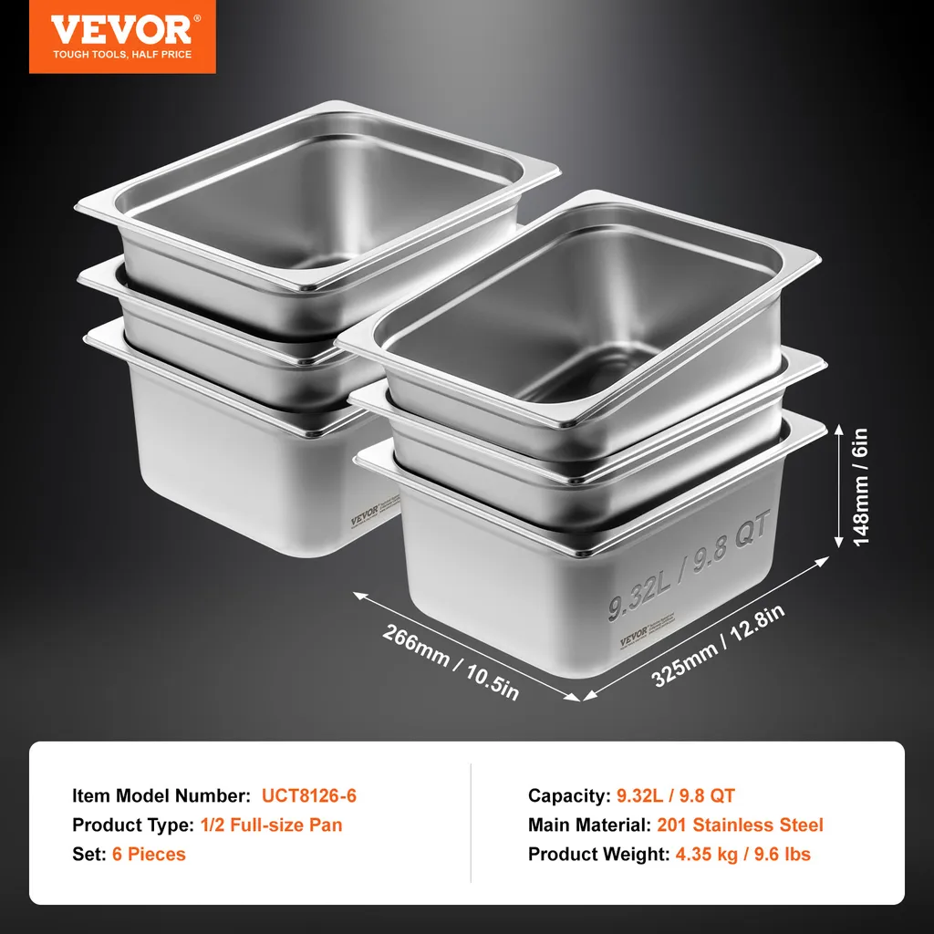VEVOR confezione da 6 teglie per hotel, padella a vapore anti-inceppamento da 1/2, padella a vapore per ristoranti in acciaio inox da 0,8 mm di spessore, padella da tavolo commerciale da 6 pollici di profondità, padella per la conservazione degli alimenti per il catering, per l'industria e la scienza - 7