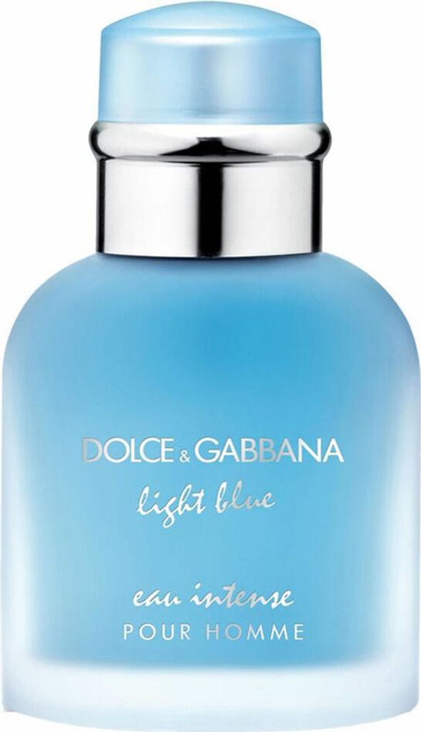 A close-up studio shot of a Dolce & Gabbana Light Blue Eau Intense Pour Homme fragrance bottle.
