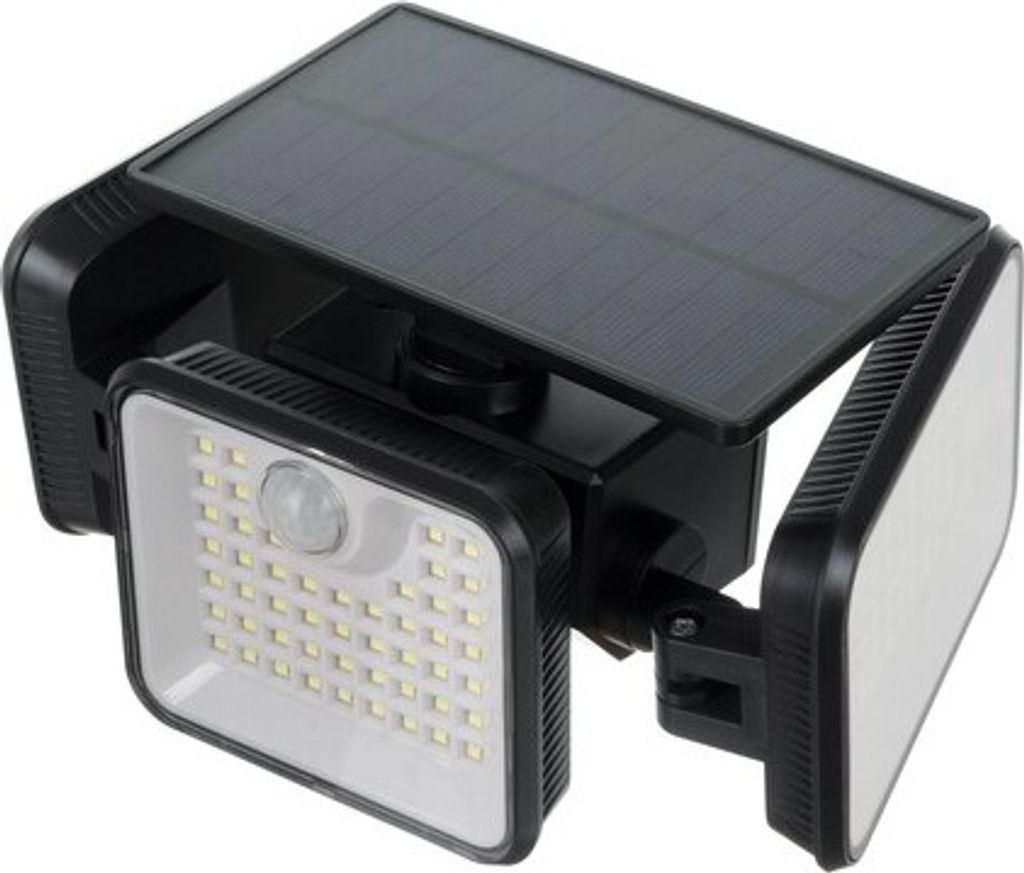 A solar-powered LED floodlight with a motion sensor.
