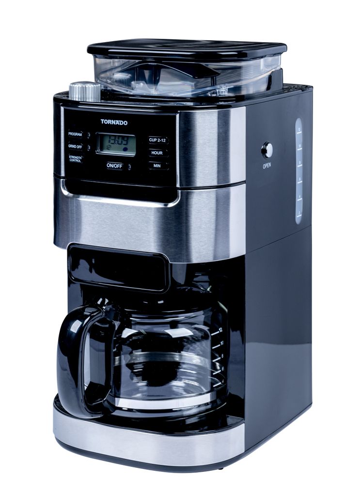A black and silver Tornado filter coffee machine with a glass carafe is shown against a white background.