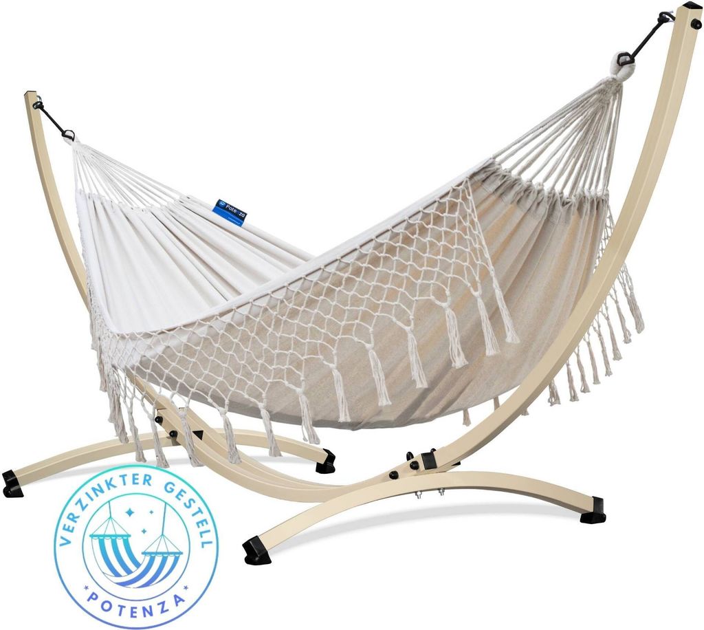 Potenza Outdoor Hängematte mit Verzinkter Gestell für 2 Personen I Baumwolle Doppelhängematte XXL 220x160, 200kg I Ecru Hängemattengestell 220k...