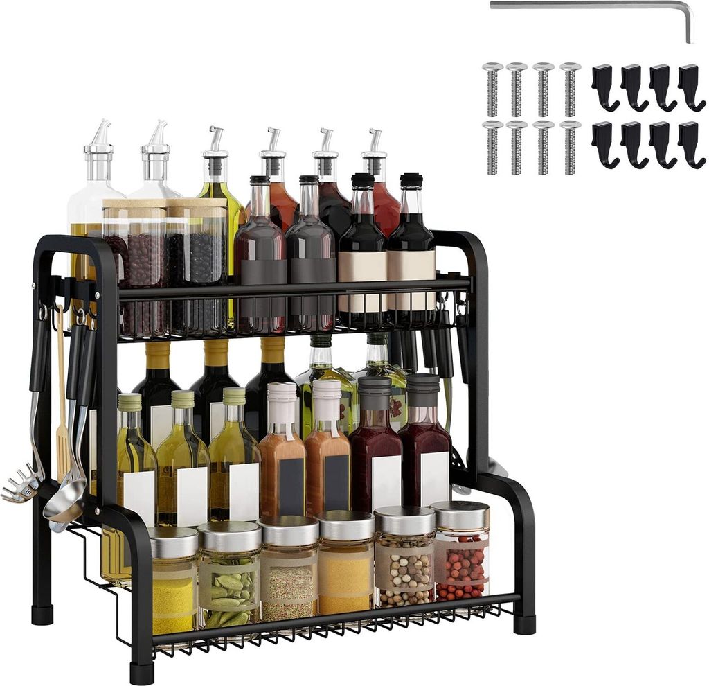 TWOLIIN Gewürzregal Metall 4 Entagen Gewürz Organizer Stehend Küchenregal mit Abnehmbarem Haken Gewürzaufbewahrung Organizer für Home Küche A...