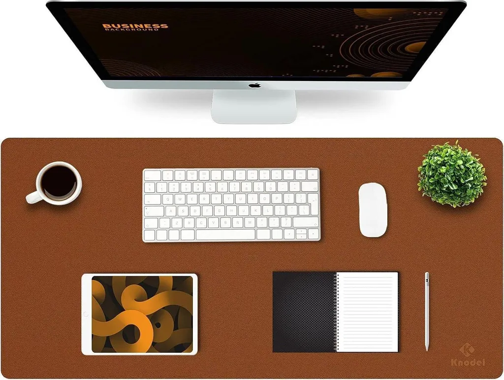 Tapis de Bureau Large 90x43cm en Cuir PVC Marron Gris pour Ordinateur