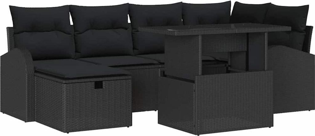vidaXL Garten-Sofa-Set mit Kissen 7 pcs Schwarz Poly Rattan