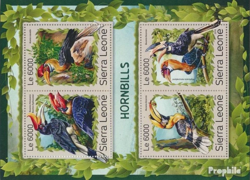 Briefmarken Sierra Leone 2016 Mi 7973-7976 Kleinbogen (kompl. Ausg.) postfrisch Nashornvögel