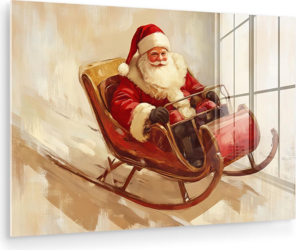 MuchoWow Glasbilder - Bilder auf Wandbild - Foto auf Glas Weihnachten - Schlitten - Weihnachtsmann 60x40 cm Wanddekoration aus Glas - Acrylglasbild...