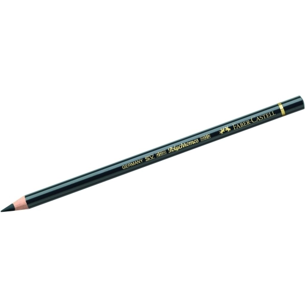 A single black pencil with gold lettering on a white background.