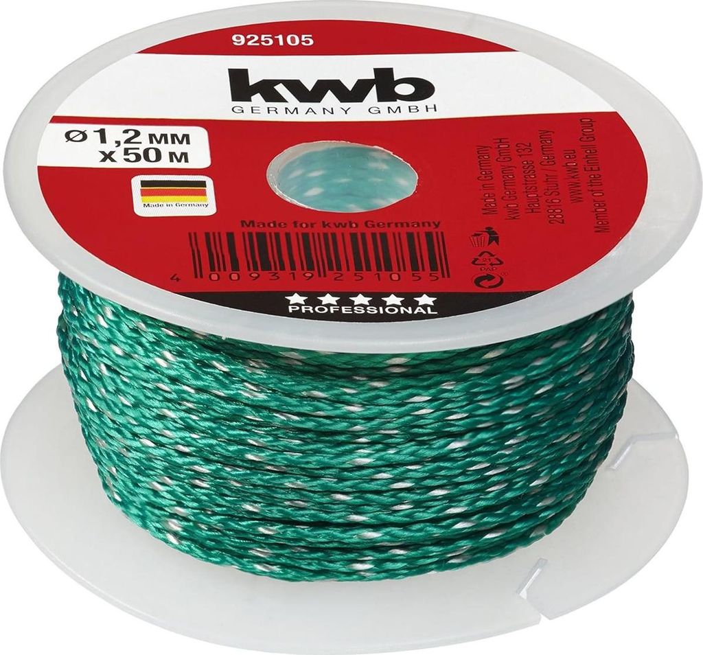 kwb Geflochtene Nylon-Richtschnur, 1,2 mm Ø, grün - Ideal für Horizontales und Vertikales Ausrichten von Steinen und Maurerziegeln - Robust und ...
