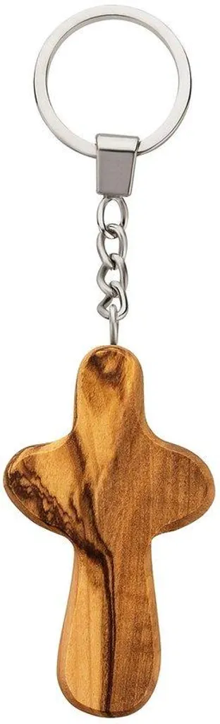 Croix porte-clés en bois d'olivier fait main grain naturel et authentique