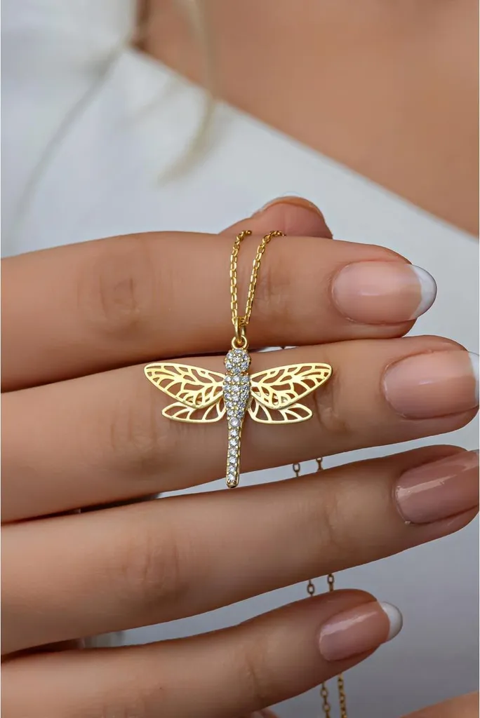 Collier pendentif libellule pour femme en argent plaqué or jaune