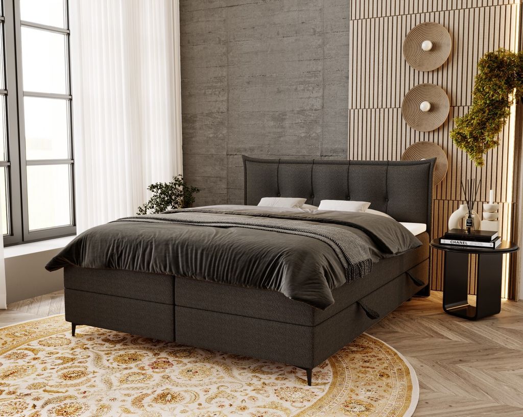 ADIDAR Boxspringbett mit Bonell Matratze 200x200 Lamin - Zwei Bettkasten, Doppelbett, Inklusive Topper, Bouclé-Stoff (Dunkelgrau - Anthology 18)