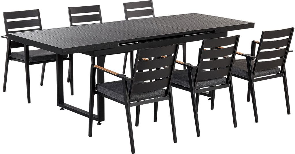 BELIANI Gartenmöbel Set 7-teilig Schwarz Aluminium Ausziehtisch 180 / 240 x 90 cm Latten-Tischplatte Rechteckig mit 6 Stühlen Auflagen Grau Stape...