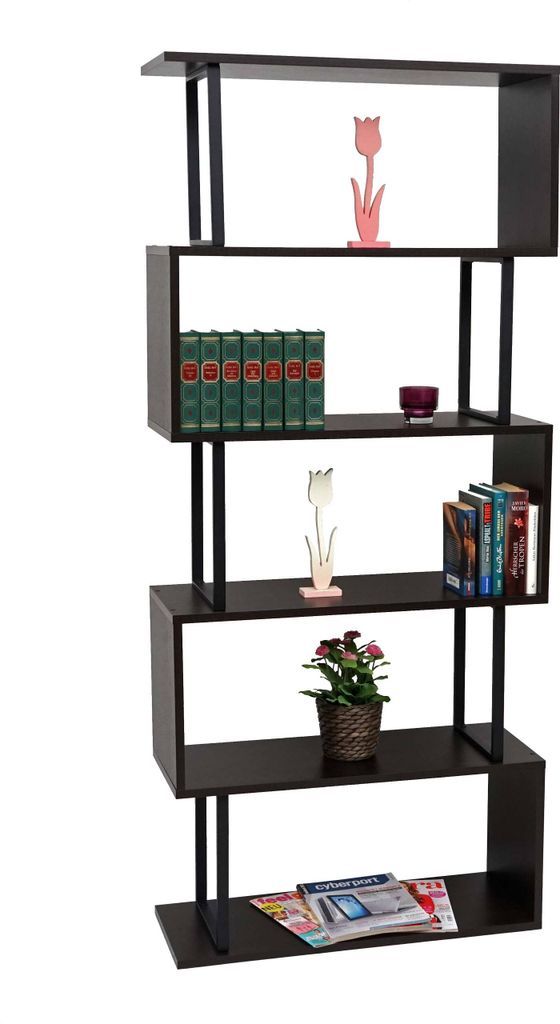 Bücherregal MCW-A27, Standregal Wohnregal, 183x80cm 3D-Struktur 5 Ebenen dunkelbraun, Metall schwarz